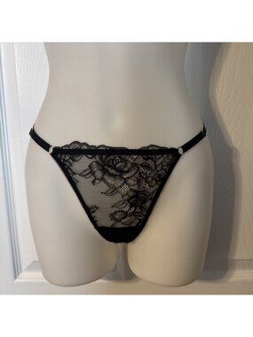 VICTORIA'S SECRET S BLACK ROSE LACE STRAPPY V STRING THONG ADJ SIDE PANTIES NWT